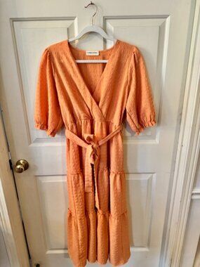 Goodnight Macaroon Orange Textured Boho Fall Midi Dress Large
